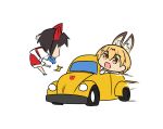  2girls altronage animal_ears black_hair blue_gloves bow bowtie bumblebee car commentary commentary_request crash driving gloves ground_vehicle kemono_friends motor_vehicle multiple_girls open_mouth serval_(kemono_friends) serval_ears simple_background starscream transformers volkswagen_beetle white_background 