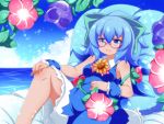  1girl bangs bare_shoulders bespectacled blue_dress blue_eyes blue_hair blue_sky blush bow breasts cirno clouds day dress flower glasses green_bow hair_bow hidden_star_in_four_seasons looking_at_viewer morning_glory oborotsuki_kakeru ocean parted_lips red-framed_eyewear semi-rimless_glasses sitting sky sleeveless sleeveless_dress small_breasts smile solo sunflower tan touhou under-rim_glasses wrist_cuffs 