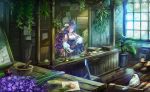  1girl animal_ears bird breasts cat_ears character_request cleavage copyright_request detached_sleeves green_eyes hair_over_one_eye highres jewelry large_breasts long_hair looking_away looking_down necklace plant potted_plant purple_hair samu_(a117216) solo vial 