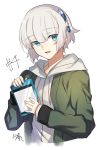  1girl :d artist_name blue_eyes casual cd_case gloves hair_ornament hood hoodie jacket looking_at_viewer meteora_osterreich nikame open_mouth re:creators short_hair signature silver_hair smile solo white_hair 