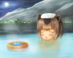  1girl :d bathing blush brown_hair bucket capybara_(kemono_friends) capybara_ears closed_eyes eyebrows_visible_through_hair food full_moon japari_bun japari_symbol_print kemono_friends light_brown_hair me2o moon multicolored_hair night open_mouth outdoors partially_submerged smile solo towel towel_on_head two-tone_hair water 