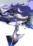  1girl armor armored_boots blue_eyes boots fate/extra fate/extra_ccc fate_(series) flying_kick hair_over_one_eye hair_ribbon highres karlwolf kicking leg_up long_hair looking_at_viewer meltlilith navel purple_hair revealing_clothes ribbon solo 