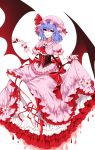  1girl absurdres bat_wings bow bowtie cup dress drinking_glass hat high_heels highres mob_cap nail_polish pink_dress pink_hat purple_hair red_bow red_bowtie red_eyes red_nails red_ribbon red_shoes remilia_scarlet ribbon sheya shoes short_hair short_sleeves smile solo touhou white_background wine_glass wings 