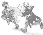  2boys animal boots cape electricity fire_emblem fire_emblem:_kakusei fleeing greyscale holding holding_animal krom male_focus male_my_unit_(fire_emblem:_kakusei) monochrome multiple_boys my_unit_(fire_emblem:_kakusei) open_mouth pikachu pokemon pokemon_(creature) pokemon_(game) robe sayoyonsayoyo scared short_hair super_smash_bros. surprised 