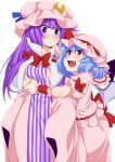  2girls :d bangs bat_wings blue_hair blue_ribbon blunt_bangs blush bow bowtie cowboy_shot crescent dress eichi_yuu fang hair_bow hat hat_ribbon hug hug_from_behind long_hair long_sleeves looking_at_another mob_cap multiple_girls open_mouth pajamas patchouli_knowledge pink_shirt pink_skirt pointy_ears puffy_short_sleeves puffy_sleeves purple_hair red_bow red_bowtie red_eyes red_ribbon remilia_scarlet ribbon shirt short_sleeves skirt skirt_set sleeves_past_wrists smile striped touhou triangle_mouth vertical-striped_dress vertical_stripes violet_eyes wide_sleeves wings wrist_cuffs 