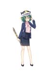  1girl :d alternate_hairstyle bekotarou blouse full_body glasses green_eyes green_hair hat jacket legs long_sleeves looking_at_viewer open_clothes open_jacket open_mouth pencil_skirt red-framed_eyewear rod_of_remorse shiki_eiki short_hair simple_background skirt smile solo standing touhou white_background white_blouse 