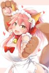  1girl :d animal_ears apron arm_garter arm_up blush breasts cat_hair_ornament cleavage fangs fate/grand_order fate_(series) fox_ears fox_tail gloves hair_ornament large_breasts long_hair looking_at_viewer maid_headdress naked_apron open_mouth paw_gloves paws pink_hair ponytail ram_hachimin smile solo tail tamamo_(fate)_(all) tamamo_cat_(fate) yellow_eyes 