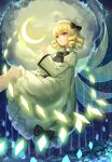  1girl bangs black_bow black_bowtie blonde_hair bow bowtie clouds crescent_moon dress drill_hair fairy_wings flying frilled_dress frilled_sleeves frills hat hat_bow juliet_sleeves long_sleeves looking_at_viewer luna_child mirror_(xilu4) moon night night_sky orange_eyes parted_lips puffy_sleeves sky solo touhou white_dress wings 