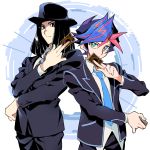  2boys black_eyes black_hair blazer blue_hair blue_necktie bright_pupils card cocconeis cowboy_shot formal fujiki_yuusaku green_eyes hat jacket kurihara_rui looking_at_viewer male_focus multiple_boys necktie pink_hair real_life short_hair simple_background striped striped_necktie suit twitter_username white_background yu-gi-oh! yuu-gi-ou_vrains 