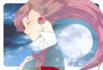  1girl brown_hair closed_eyes clouds female_protagonist_(persona_3) hair_ornament hairpin hand_on_own_chest headphones long_hair moon night night_sky persona persona_3 persona_3_portable ribbon school_uniform sky smile 