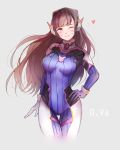  1girl ;d animal_print arm_at_side bad_anatomy bangs blue_bodysuit bodysuit bracer breasts breasts_apart brown_eyes brown_hair bunny_print character_name chayuu cowboy_shot d.va_(overwatch) eyelashes facepaint facial_mark gloves gluteal_fold grey_background hand_on_hip headphones heart lips long_hair long_sleeves medium_breasts nose one_eye_closed open_mouth overwatch pauldrons pilot_suit pink_lips ribbed_bodysuit shoulder_pads simple_background skin_tight smile solo teeth thigh_gap turtleneck whisker_markings white_gloves 