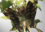  1girl antennae armpits arms_up blue_hair brown_eyes butterfly_wings dress eternity_larva green_dress hair_between_eyes hair_ornament leaf leaf_hair_ornament looking_at_viewer no-kan short_hair sitting sleeveless sleeveless_dress solo touhou wings 
