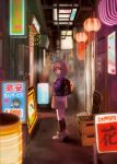  1girl alley kouka_(mrakano5456) lantern looking_at_viewer looking_back neon_lights original pink_hair red_eyes short_hair sign solo translation_request 