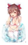  1girl absurdres alternate_costume ase_tou_mi_kaameru bare_arms bare_shoulders bikini blush bow breasts brown_hair cleavage collarbone food from_above full_body hair_bow hair_ornament hairclip hakurei_reimu highres kneeling large_breasts long_hair looking_at_viewer looking_up navel open_mouth partially_submerged ponytail popsicle red_eyes ribbon-trimmed_legwear ribbon_trim solo stomach swimsuit thigh-highs tongue tongue_out touhou white_bikini white_legwear 