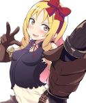  1girl :d arisa_(shadowverse) black_shirt blonde_hair blush bow breasts brown_eyes brown_gloves cosplay drill_hair elbow_gloves eromanga_sensei eyebrows_visible_through_hair fang from_side gloves hair_ribbon highres holding korandamu long_hair looking_at_viewer open_mouth red_bow red_ribbon ribbon shadowverse shirt simple_background sleeveless sleeveless_shirt small_breasts smile w white_background yamada_elf 