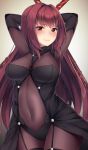  1girl armpits arms_behind_head bodysuit breasts covered_navel fate/grand_order fate_(series) gae_bolg highres hinacalibur large_breasts long_hair polearm purple_bodysuit purple_hair red_eyes scathach_(fate/grand_order) solo spear weapon 