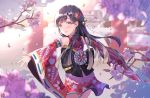  1girl black_eyes black_hair cherry_blossoms flower hair_flower hair_ornament idolmaster idolmaster_cinderella_girls idolmaster_cinderella_girls_starlight_stage japanese_clothes kimono kobayakawa_sae long_hair outstretched_arms smile solo ultone_(neisiss) 