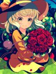  1girl black_hat bouquet bow dise eyeball eyebrows_visible_through_hair flower green_eyes green_hair green_skirt hat holding holding_bouquet komeiji_koishi long_sleeves petals red_rose rose rose_petals shirt short_hair skirt smile solo third_eye touhou yellow_bow yellow_shirt 