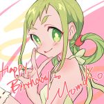  1girl asuka_momoko birthday blush green_eyes green_hair hair_rings highres ojamajo_doremi smile solo text walliant_(walnutlin) 