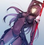 1girl bodysuit covered_navel dutch_angle erect_nipples fate/grand_order fate_(series) gae_bolg gluteal_fold gradient gradient_background highres holding holding_weapon konrohhh long_hair purple_bodysuit purple_hair red_eyes scathach_(fate/grand_order) solo weapon 