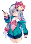  1girl ass blue_eyes blush bow breasts cellphone commentary_request cowboy_shot eromanga_sensei face_mask hair_bow headset highres hood hoodie ishimu izumi_sagiri long_hair long_sleeves looking_at_viewer low-tied_long_hair mask mask_on_head neck_ribbon nose_blush open_clothes open_hoodie pajamas panties pantyshot parted_lips pen phone red_bow red_ribbon ribbon sidelocks silver_hair small_breasts smartphone solo underwear very_long_hair white_panties 