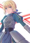  1girl ahoge armor armored_dress asa_(coco) blonde_hair blue_dress caliburn commentary_request dress fate/stay_night fate_(series) gauntlets green_eyes hair_between_eyes hair_bun hair_ribbon long_sleeves looking_at_viewer puffy_long_sleeves puffy_sleeves ribbon saber serious simple_background 