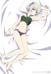 1girl barefoot bed bed_sheet blue_eyes breasts feet full_body lolivia looking_at_viewer meteora_osterreich navel panties re:creators short_hair silver_hair small_breasts solo underwear white_hair 