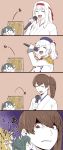  4girls 4koma beret brown_eyes brown_hair closed_eyes comic commentary_request epaulettes green_hair hat headband holding holding_microphone ishii_hisao japanese_clothes kaga_(kantai_collection) kantai_collection kashima_(kantai_collection) long_hair long_sleeves microphone multiple_girls music nhk_nodo_jiman nontraditional_miko open_mouth short_hair shoukaku_(kantai_collection) side_ponytail singing sweatdrop teeth tongue tongue_out twintails two_side_up white_hair zuikaku_(kantai_collection) 