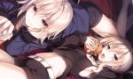  2girls absurdres armpits barefoot bed_sheet belt black_jacket black_shirt black_shorts breasts eating eyebrows_visible_through_hair fate/grand_order fate_(series) food from_above hair_between_eyes hamburger head_rest highres jacket jeanne_alter jewelry looking_at_viewer lying multiple_girls navel necklace on_back on_stomach open_clothes open_jacket open_mouth ruler_(fate/apocrypha) saber saber_alter shiny shiny_skin shirt short_hair_with_long_locks short_shorts shorts sidelocks silver_hair sleeveless sleeveless_shirt small_breasts smile stomach tank_top toosaka_asagi yellow_eyes 