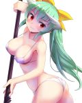  &gt;:) 1girl arched_back armpits ass bangs bikini blush bow breasts cleavage closed_mouth collarbone cowboy_shot fate/grand_order fate_(series) from_side green_hair hair_bow highres horns kiyohime_(fate/grand_order) large_breasts long_hair looking_at_viewer looking_to_the_side mono_(moiky) pointy_ears ponytail red_eyes smile solo swimsuit tsurime very_long_hair white_bikini yellow_bow 