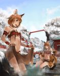  3girls :d animal animal_ears architecture bandeau bangs bare_tree bath blue_sky blunt_bangs bracelet breasts bridge brown_eyes brown_hair brown_skirt closed_mouth clouds commentary_request day east_asian_architecture feathers fox fox_ears fox_girl hair_feathers jewelry long_hair looking_at_viewer medium_breasts midriff mountain multiple_girls navel necklace onsen open_mouth original outdoors partially_submerged pink_lips rock scenery short_hair shrine sitting skirt skirt_removed sky smile snow soaking_feet somehira_katsu standing steam stone tail teeth tree tribal under_boob wading water wet winter 