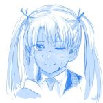  1girl aida_yuu blood blood_on_face gunslinger_girl light_smile long_hair lowres necktie one_eye_closed sketch solo_focus triela twintails white_background 