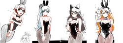  4girls absurdres bare_shoulders blake_belladonna blonde_hair blue_eyes blush breasts cleavage fishnets highres large_breasts long_hair medium_breasts multiple_girls ndgd_(bean1215) necktie nose_blush ruby_rose rwby thigh_gap violet_eyes weiss_schnee wrist_cuffs yang_xiao_long 