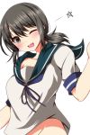  1girl alternate_breast_size ar_(lover_boy) black_eyes black_hair collarbone eyebrows_visible_through_hair fubuki_(kantai_collection) groin highres kantai_collection older one_eye_closed open_mouth sailor_collar school_uniform serafuku short_hair short_ponytail short_sleeves simple_background smile solo white_background 