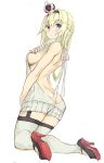  1girl ass backless_outfit bare_back blonde_hair blue_eyes blush braid breast_suppress breasts butt_crack crown dress french_braid full_body goekawa grey_legwear hairband halterneck kantai_collection kneeling long_hair looking_back medium_breasts meme_attire mini_crown naked_sweater open-back_dress open_mouth ribbed_sweater sideboob simple_background solo sweater sweater_dress thigh-highs turtleneck turtleneck_sweater twitter_username virgin_killer_sweater warspite_(kantai_collection) white_background 