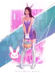  1girl absurdres animal_ears artist_name bare_shoulders boots breasts brown_eyes brown_hair collar collarbone d.va_(overwatch) dress eyebrows facial_tattoo gloves highres krystopher_decker legs lips long_hair looking_at_viewer overwatch purple_dress rabbit_ears signature small_breasts smile solo standing tattoo white_boots white_gloves 