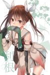  1girl blush brown_eyes brown_hair cosplay elbow_gloves gloves hair_ribbon headband headband_removed jintsuu_(kantai_collection) jintsuu_(kantai_collection)_(cosplay) kantai_collection long_hair mouth_hold necktie pleated_skirt remodel_(kantai_collection) ribbon rinto_(rint_rnt) sailor_collar skirt solo tone_(kantai_collection) twintails white_background 