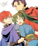  1girl 2boys alternate_eye_color armor black_gloves blue_cape blue_dress blue_eyes blue_hair blush cape closed_mouth copyright_name dress dutch_angle eliwood eliwood_(fire_emblem) fingerless_gloves fire_emblem fire_emblem:_rekka_no_ken friends gloves hair_between_eyes happy hector hector_(fire_emblem) long_hair looking_at_viewer looking_back lyndis_(fire_emblem) multiple_boys nintendo noshima one_eye_closed open_mouth pauldrons ponytail red_cape red_eyes redhead sash serious short_hair short_sleeves smile tiara wink 