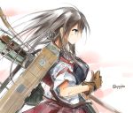  1girl akagi_(kantai_collection) arrow blood bow_(weapon) breasts brown_eyes brown_gloves brown_hair commentary_request flight_deck from_side gloves injury japanese_clothes kantai_collection long_hair muneate nao_(qqqbb) quiver sketch solo tasuki twitter_username weapon 
