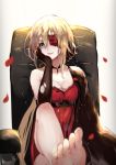  1girl absurdres bare_shoulders barefoot blonde_hair blue_eyes breasts chair chin_rest choker cleavage dress elbow_gloves eyepatch fang feet flower flower_eyepatch girls_frontline gloves highres legs_crossed long_hair looking_at_viewer low_ponytail medium_breasts petals ponytail rose rose_petals sitting smile solo toes torn_clothes torn_gloves vardan vz.61_(girls_frontline) 