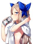  1girl asakaze_(kantai_collection) beer_can blonde_hair blue_eyes blue_ribbon can drinking hair_ribbon kantai_collection long_hair naked_towel orihi_chihiro ribbon simple_background solo sweat topless towel twitter_username white_background 