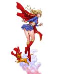  1girl bangs belt blonde_hair blue_skirt boots breasts cape cat dc_comics female floating_hair full_body gold_trim highres knee_boots long_hair long_sleeves looking_at_viewer looking_back medium_breasts midriff miniskirt open_mouth red_boots red_cape red_footwear simple_background skirt solo supergirl thighs upper_teeth white_background wind wind_lift yamashita_shun&#039;ya 