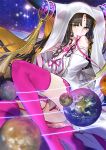  1girl bare_shoulders between_legs black_hair breasts earth facial_mark fate/extra fate/extra_ccc fate/grand_order fate_(series) forehead_mark hand_between_legs horns large_breasts long_hair looking_at_viewer moon mouth_hold no_bra ribbon_in_mouth sesshouin_kiara sideboob smile solo space thighs wada_aruko wavy_hair yellow_eyes 