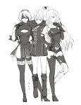  1girl 2girls absurdres blindfold breasts carrying choker dress feather-trimmed_sleeves gloves highres long_hair mole monochrome multiple_girls nier_(series) nier_automata pullssack smile thigh-highs yorha_no._2_type_b yorha_no._9_type_s yorha_type_a_no._2 