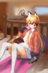  1girl animal_ears black_gloves blazer blonde_hair blurry bow brown_eyes brown_hair closed_mouth depth_of_field eating eyebrows_visible_through_hair ezo_red_fox_(kemono_friends) food fox_ears fox_tail fur_trim gloves hair_between_eyes handheld_game_console holding jacket japari_bun japari_symbol kemono_friends long_hair long_sleeves looking_away lying multicolored_hair navel necktie on_back on_bed open_blazer open_clothes open_jacket open_shirt partially_unbuttoned playstation_vita pleated_skirt rokuroku_(xd_p) shirt skirt solo squiggle tail two-tone_hair very_long_hair white_bow white_skirt yellow_necktie 