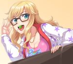  1girl bespectacled blonde_hair blue_eyes blush breast_rest breasts candy cleavage dan_(orange_train) food glasses idolmaster idolmaster_cinderella_girls jewelry large_breasts lollipop long_hair looking_at_viewer necklace ootsuki_yui open_mouth smile solo star 