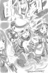 4girls bangs belt blood blood_from_mouth blood_on_face buttons clenched_hand comic dress elbow_gloves flat_cap gloves greyscale hair_between_eyes hair_over_shoulder hammer_and_sickle hat hibiki_(kantai_collection) kantai_collection kasumi_(kantai_collection) long_hair long_sleeves machinery monochrome multiple_girls neck_ribbon neckerchief northern_water_hime open_mouth outstretched_arm pinafore_dress pleated_skirt remodel_(kantai_collection) ribbon rigging round_teeth sagamiso sailor_collar samidare_(kantai_collection) school_uniform serafuku shinkaisei-kan shirt skirt sleeveless sleeveless_shirt smoke standing standing_on_liquid sweatdrop swept_bangs teeth translated turret twitter_username verniy_(kantai_collection) very_long_hair water weapon 