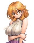  &gt;:) amania_orz bare_arms bare_shoulders breast_hold breasts character_request closed_mouth dated hair_between_eyes large_breasts orange_eyes orange_hair ribbed_shirt shirt short_hair sketch sleeveless sleeveless_turtleneck tomica_hyper_rescue_drive_head:_kidou_kyuukyuu_keisatsu turtleneck twitter_username upper_body 
