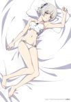  1girl barefoot bed bed_sheet blue_eyes blush breasts feet full_body lolivia looking_at_viewer meteora_osterreich navel panties re:creators short_hair silver_hair small_breasts smile solo underwear white_hair white_panties 