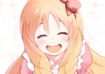  1girl :d ^_^ blonde_hair blush closed_eyes criss-cross_halter eromanga_sensei eyebrows_visible_through_hair hair_between_eyes hair_ribbon halterneck long_hair natsume_(azisaisuki1) open_mouth pink_ribbon pointy_ears portrait puffy_sleeves ribbon round_teeth smile solo teeth yamada_elf 